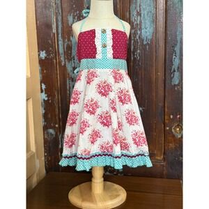 Oopsie Daisy Girls 5T Halter Dress‎ Floral Polka Dot Pink Turquoise Lace Ruffle